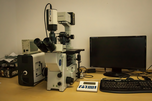 Inverzní fluorescenční mikroskop s automatickým posuvným stolkem
